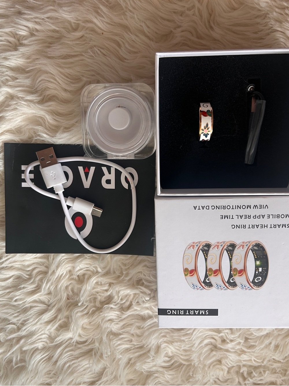 Floral Smart Ring with USB Charger - White & Multicolor size 8